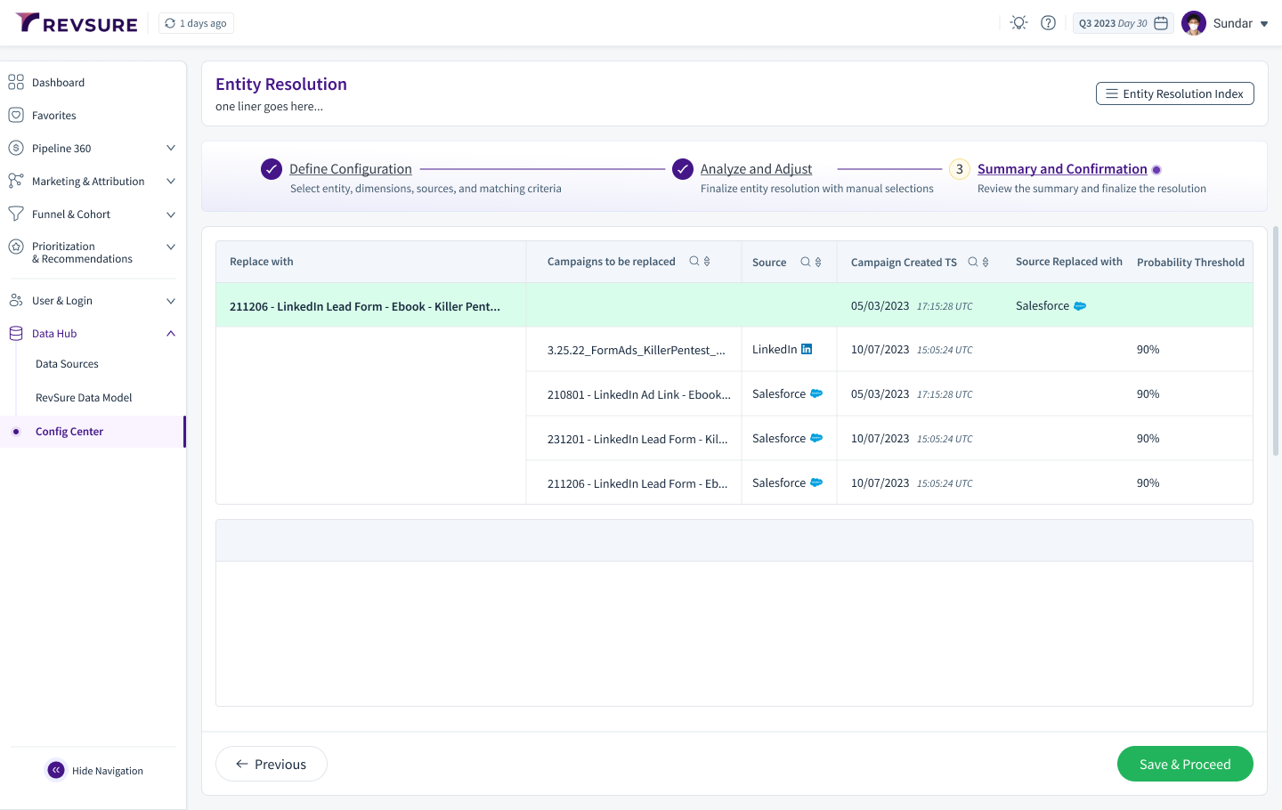 Entity resolution configuration interface showing campaign replacement details and sources.
